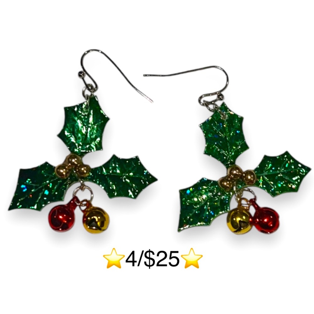 Christmas Earrings Holly Leaf Bells Dangling Holiday Festive Statement Novelty